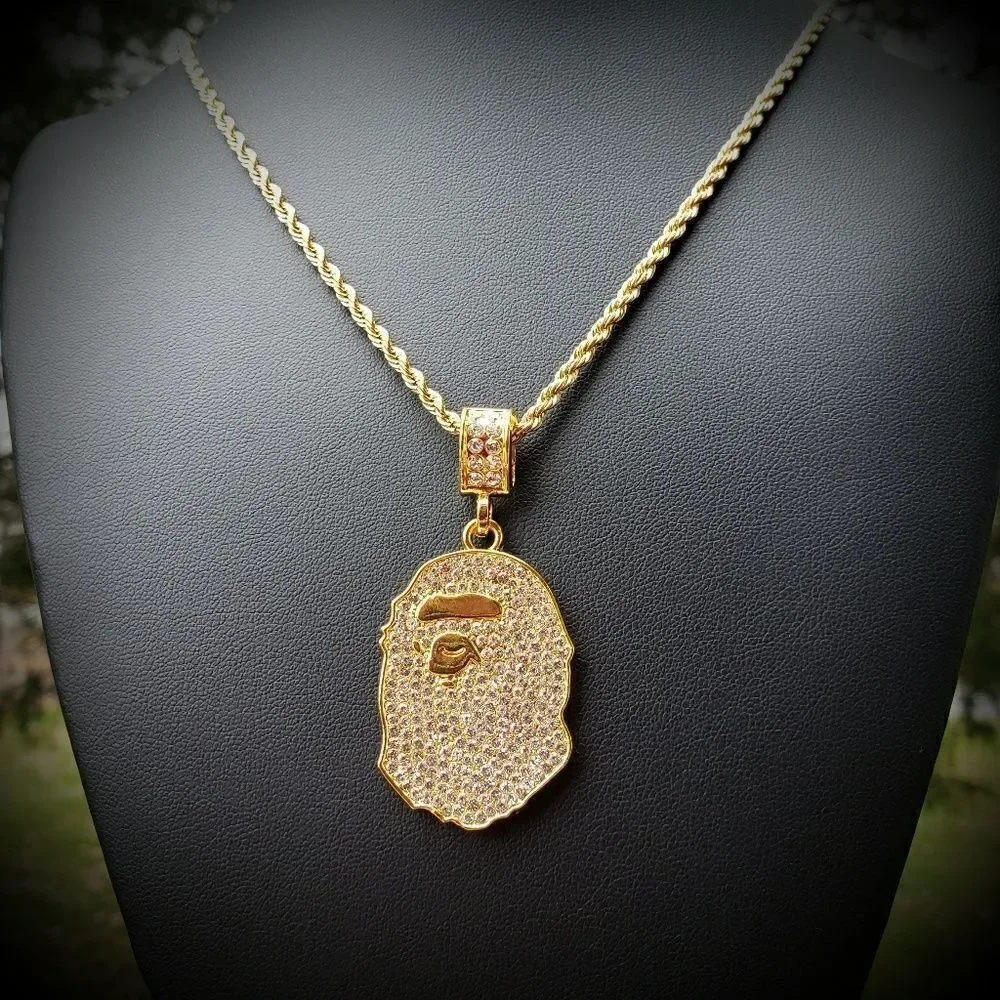 14k GP Iced Out Stainless Steel ape Necklace